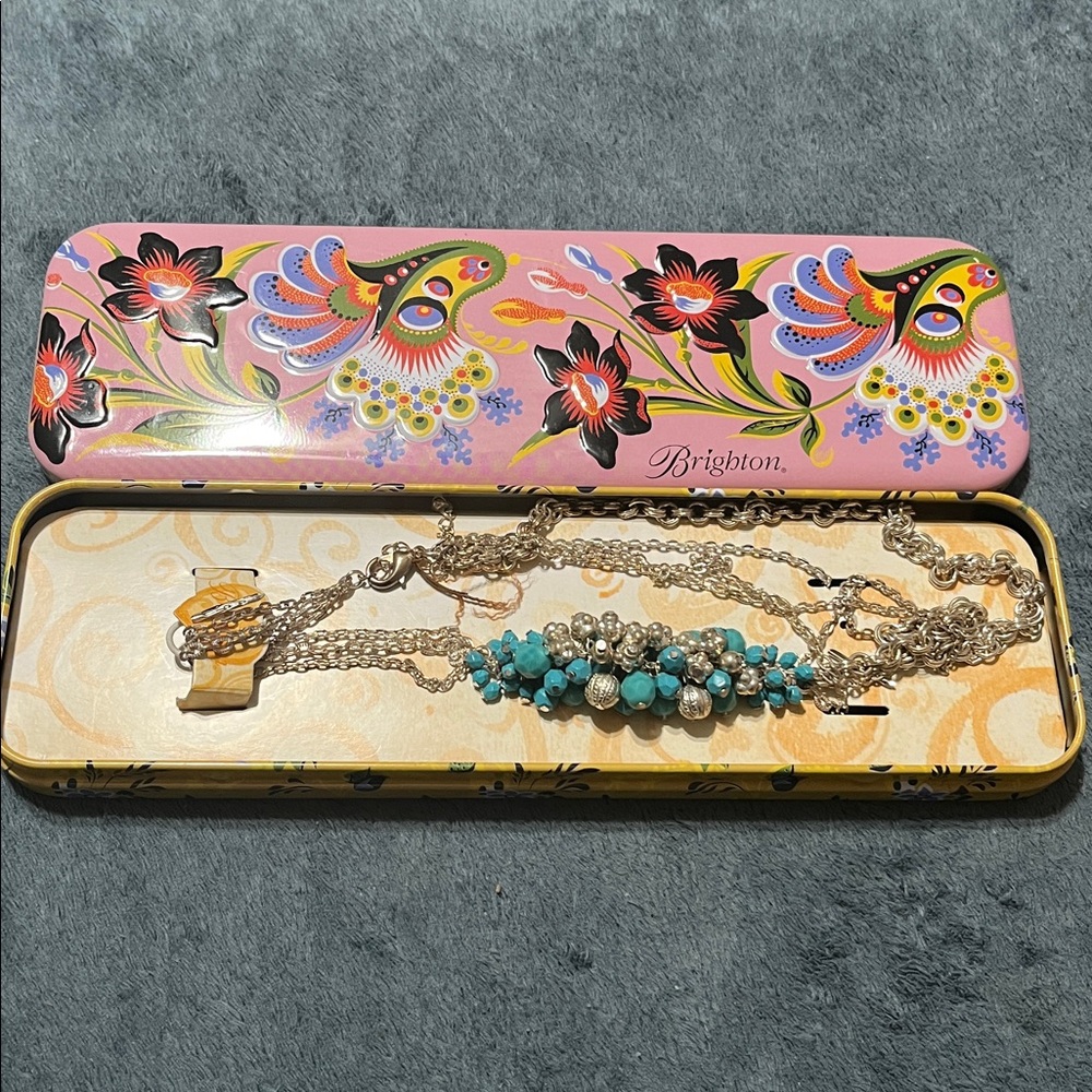 Brighton Jewelry Metal Tin Trinket Gift Box Pink Floral Necklace